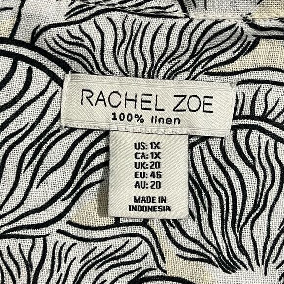 Rachel Zoe Women's Size 1X Plus 100% Linen Black Cream Mushroom Pattern Blouse - Picture 2 of 6